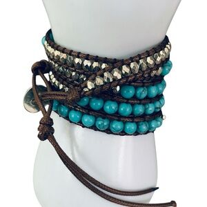 Wrap Bracelet Turquoise Brown and Silver Tones